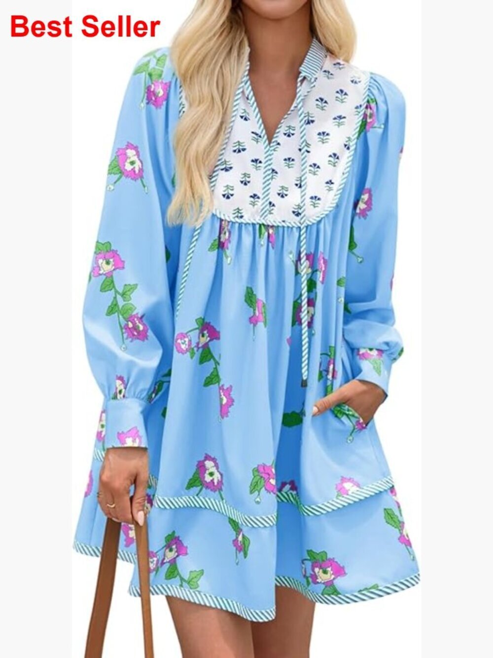 Floral Mini Dress Long Sleeve V Neck Patchwork Loose Boho Casual
